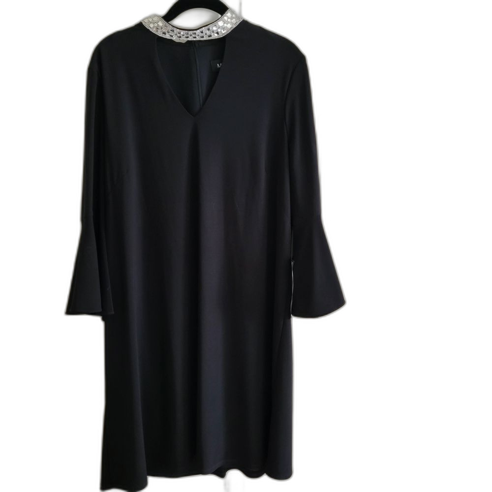 NEW MSK Black Flutter Sleeve Dress with Rhinestone Collar - Large